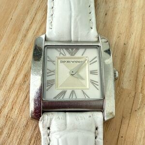 Emporio Armani ladies silver tone square white leather watch NEW BATTERY